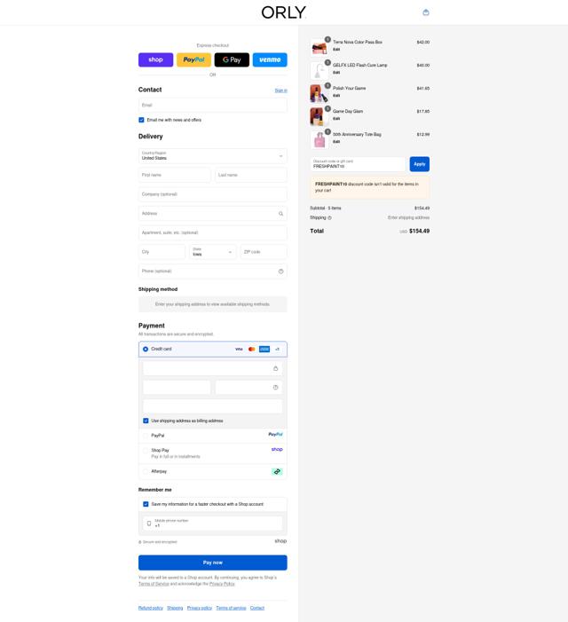 ORLY Beauty checkout page showing ORLY Beauty discount code box | Screenshot taken by SimplyCodes community member on Sep 12, 2025