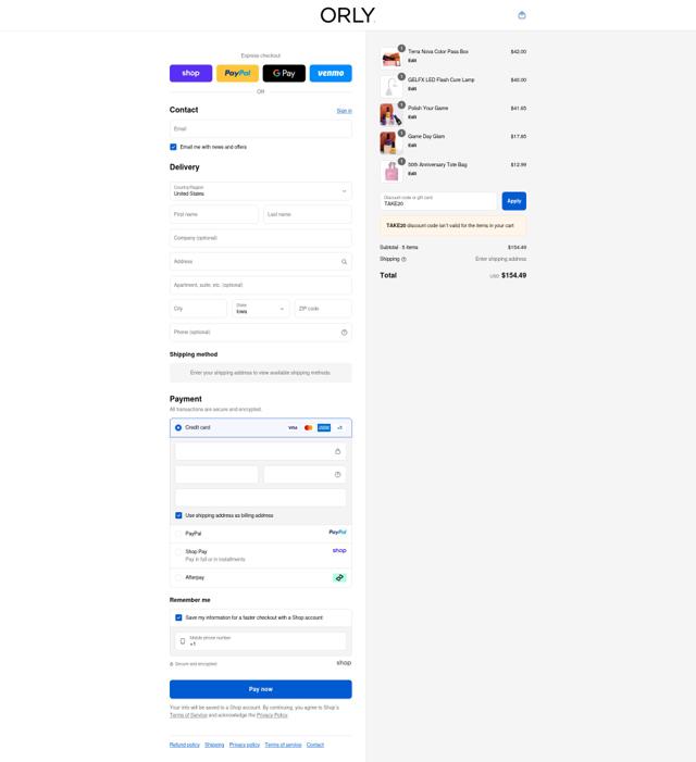 ORLY Beauty checkout page showing ORLY Beauty discount code box | Screenshot taken by SimplyCodes community member on Sep 12, 2025