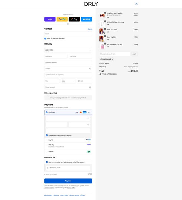 ORLY Beauty checkout page showing ORLY Beauty discount code box | Screenshot taken by SimplyCodes community member on Sep 12, 2025