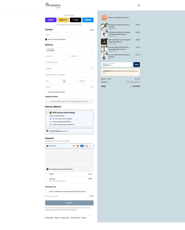 OrnamentShop.com checkout page showing OrnamentShop.com promo code box | Screenshot taken by SimplyCodes community member on Sep 4, 2025
