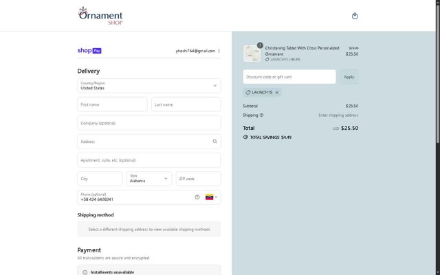 OrnamentShop.com checkout page showing OrnamentShop.com promo code box | Screenshot taken by SimplyCodes community member on Aug 25, 2025