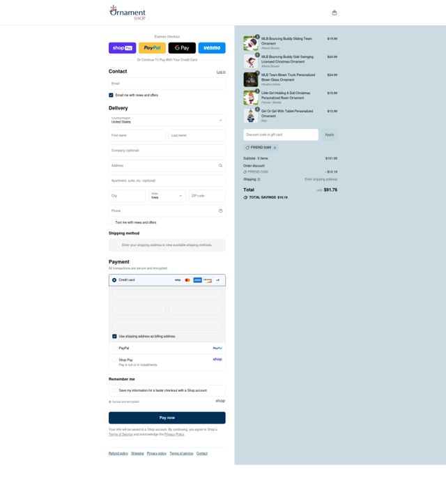 OrnamentShop.com checkout page showing OrnamentShop.com promo code box | Screenshot taken by SimplyCodes community member on Aug 22, 2025