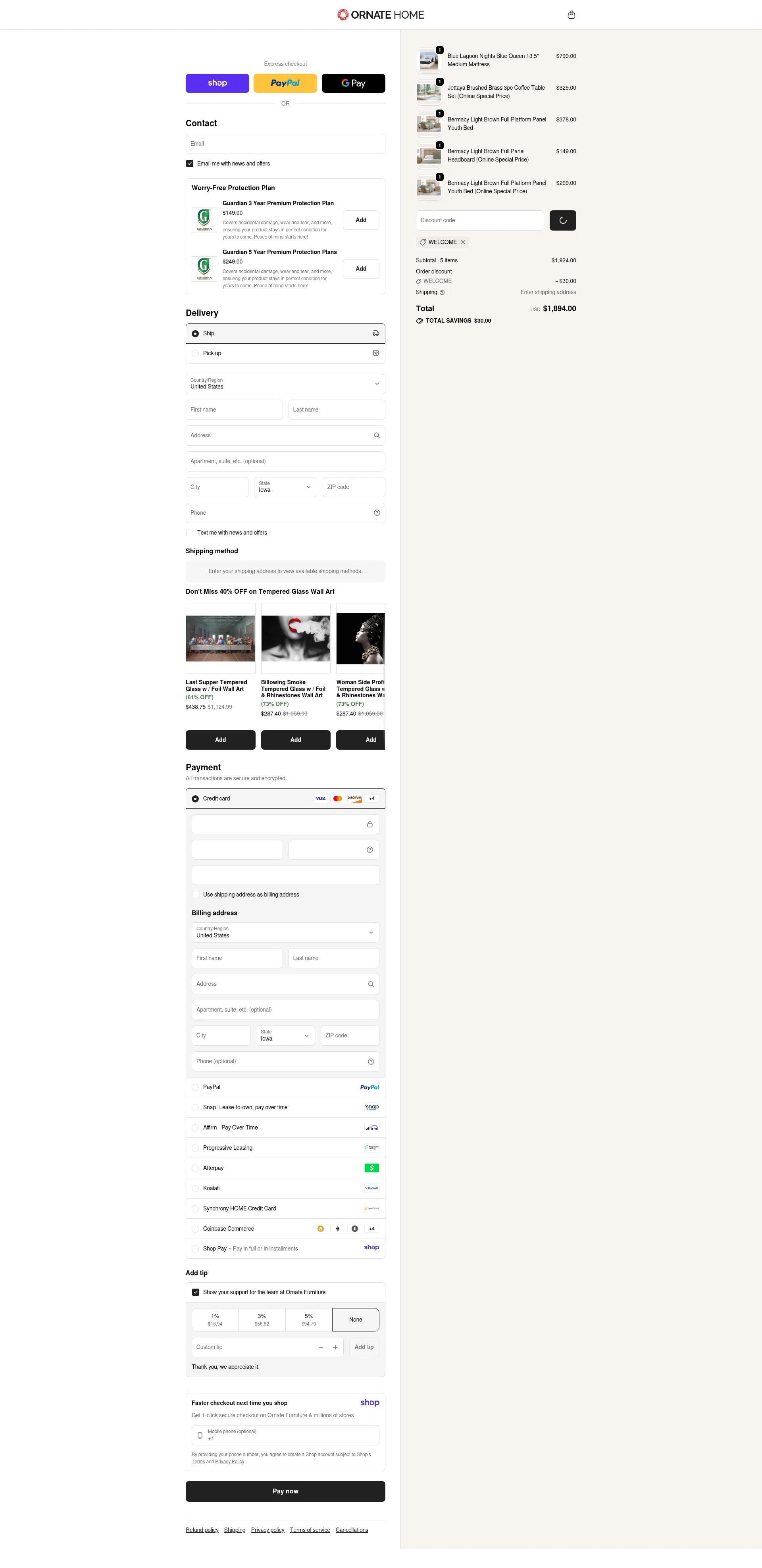 Ornate Home checkout page showing Ornate Home discount code box | Screenshot taken by SimplyCodes community member on Jan 8, 2026