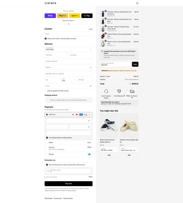 Ororo checkout page showing Ororo discount code box | Screenshot taken by SimplyCodes community member on Sep 2, 2025