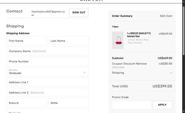 Oroton checkout page showing Oroton promo code box | Screenshot taken by SimplyCodes community member on Aug 28, 2025