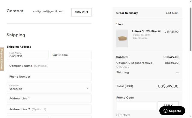 Oroton checkout page showing Oroton promo code box | Screenshot taken by SimplyCodes community member on May 14, 2025