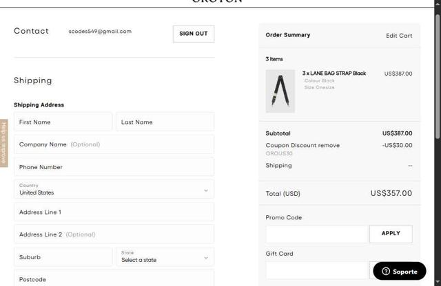 Oroton checkout page showing Oroton promo code box | Screenshot taken by SimplyCodes community member on May 20, 2025
