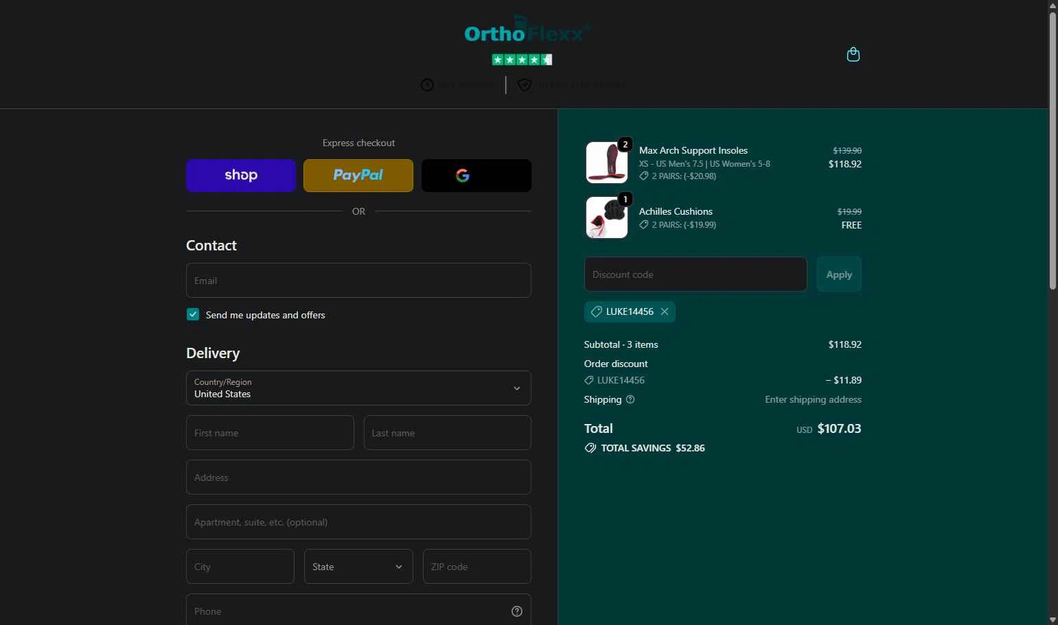 Orthoflexx checkout page showing Orthoflexx discount code box | Screenshot taken by SimplyCodes community member on Feb 12, 2026