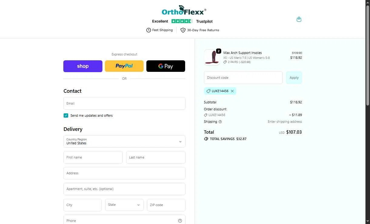 Orthoflexx checkout page showing Orthoflexx discount code box | Screenshot taken by SimplyCodes community member on Jan 13, 2026