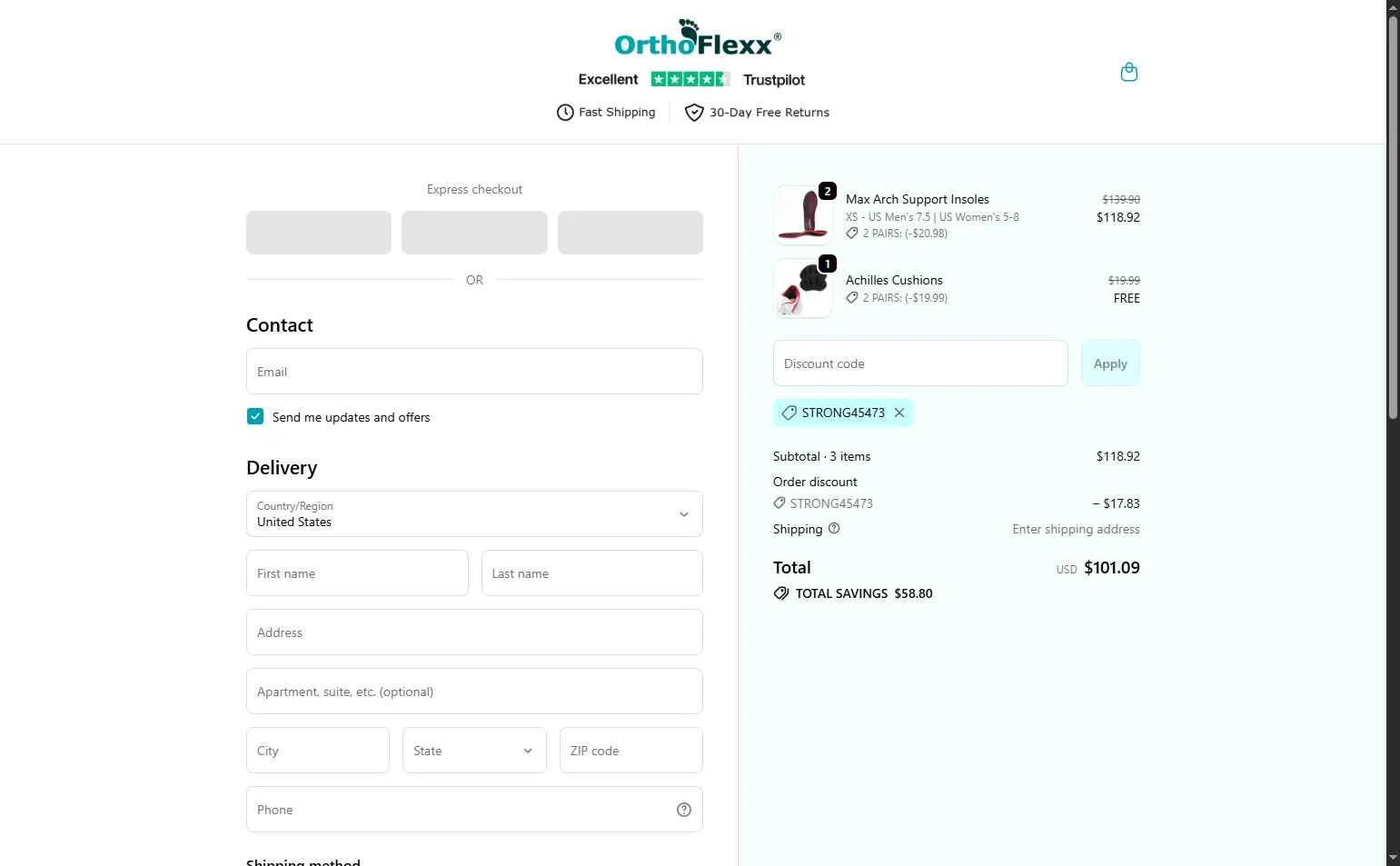 Orthoflexx checkout page showing Orthoflexx discount code box | Screenshot taken by SimplyCodes community member on Feb 9, 2026