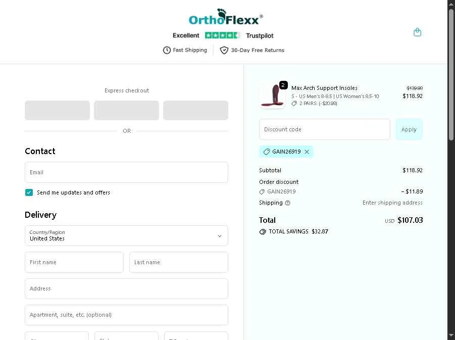 Orthoflexx checkout page showing Orthoflexx discount code box | Screenshot taken by SimplyCodes community member on Jan 10, 2026