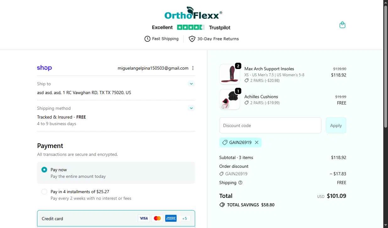 Orthoflexx checkout page showing Orthoflexx discount code box | Screenshot taken by SimplyCodes community member on Feb 8, 2026