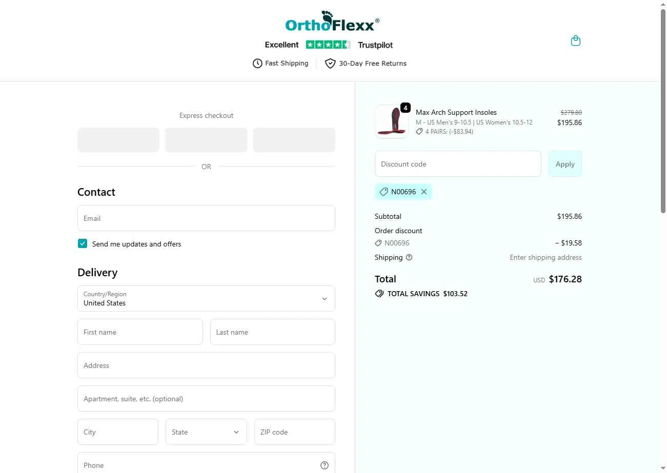 Orthoflexx checkout page showing Orthoflexx discount code box | Screenshot taken by SimplyCodes community member on Jan 11, 2026