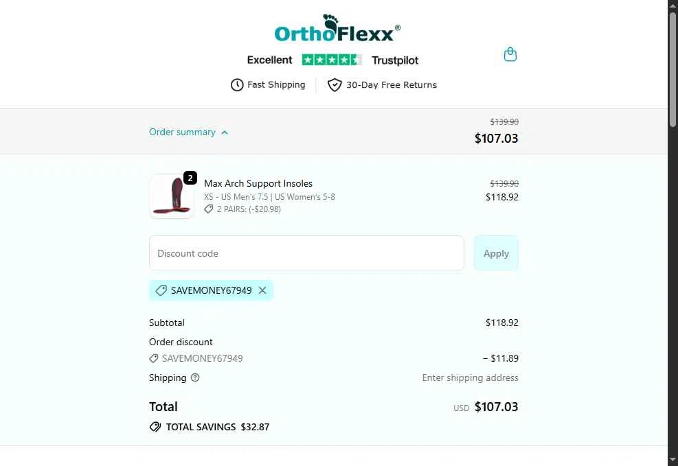 Orthoflexx checkout page showing Orthoflexx discount code box | Screenshot taken by SimplyCodes community member on Jan 11, 2026