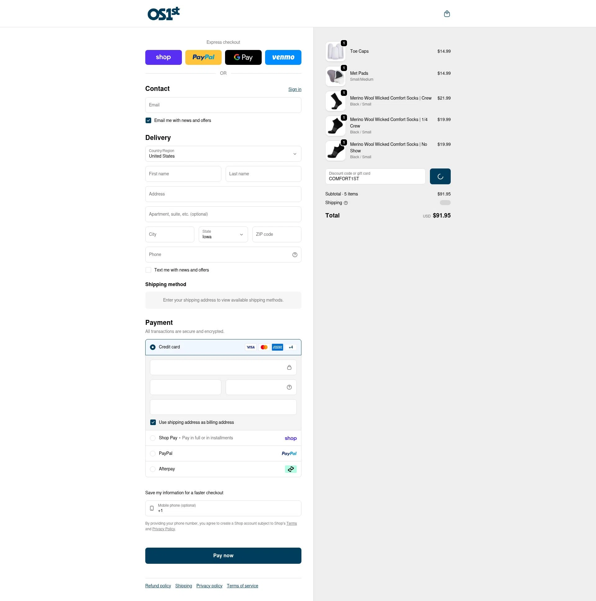 OS1st checkout page showing OS1st discount code box | Screenshot taken by SimplyCodes community member on Feb 8, 2026