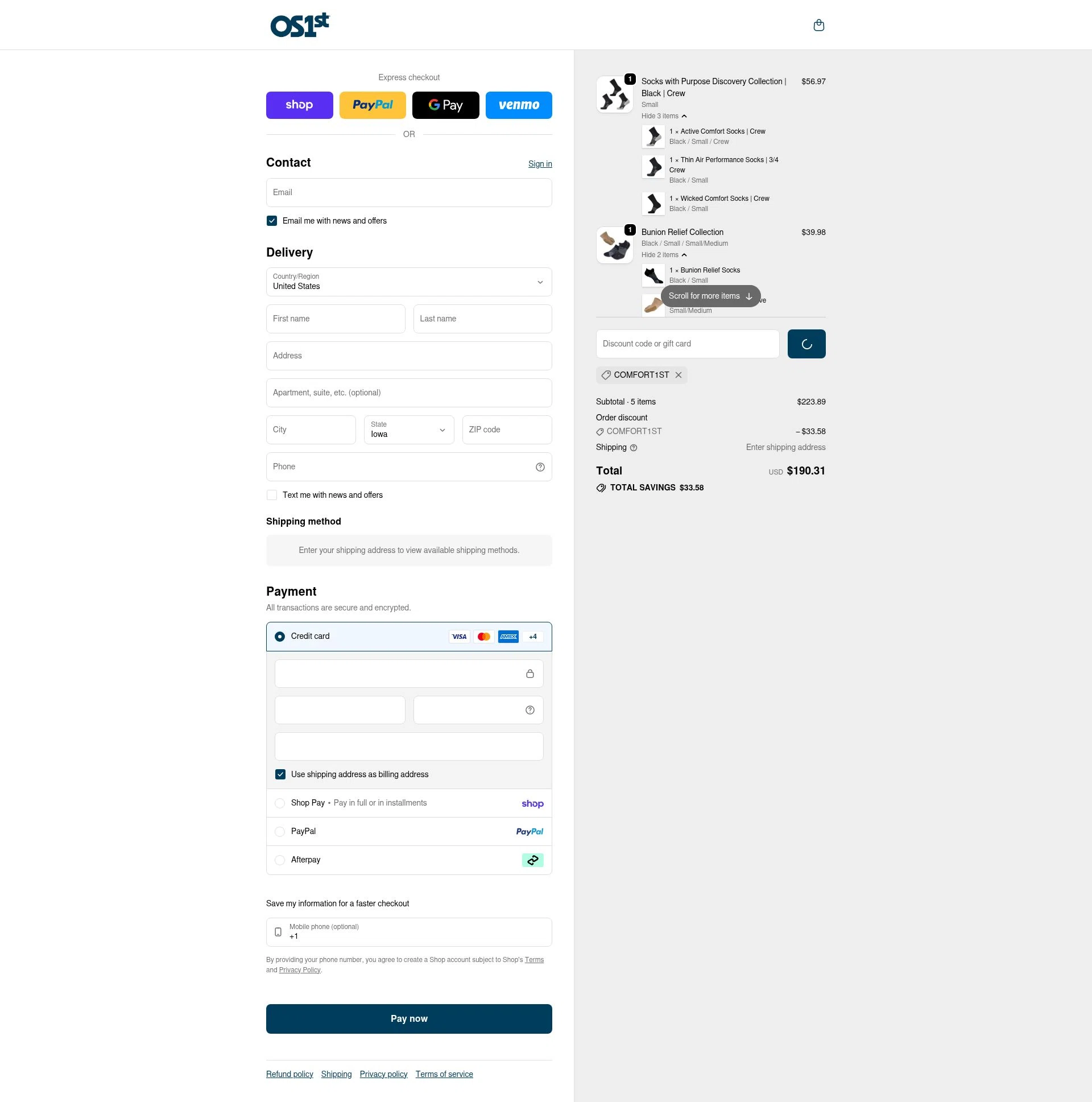 OS1st checkout page showing OS1st discount code box | Screenshot taken by SimplyCodes community member on Feb 13, 2026