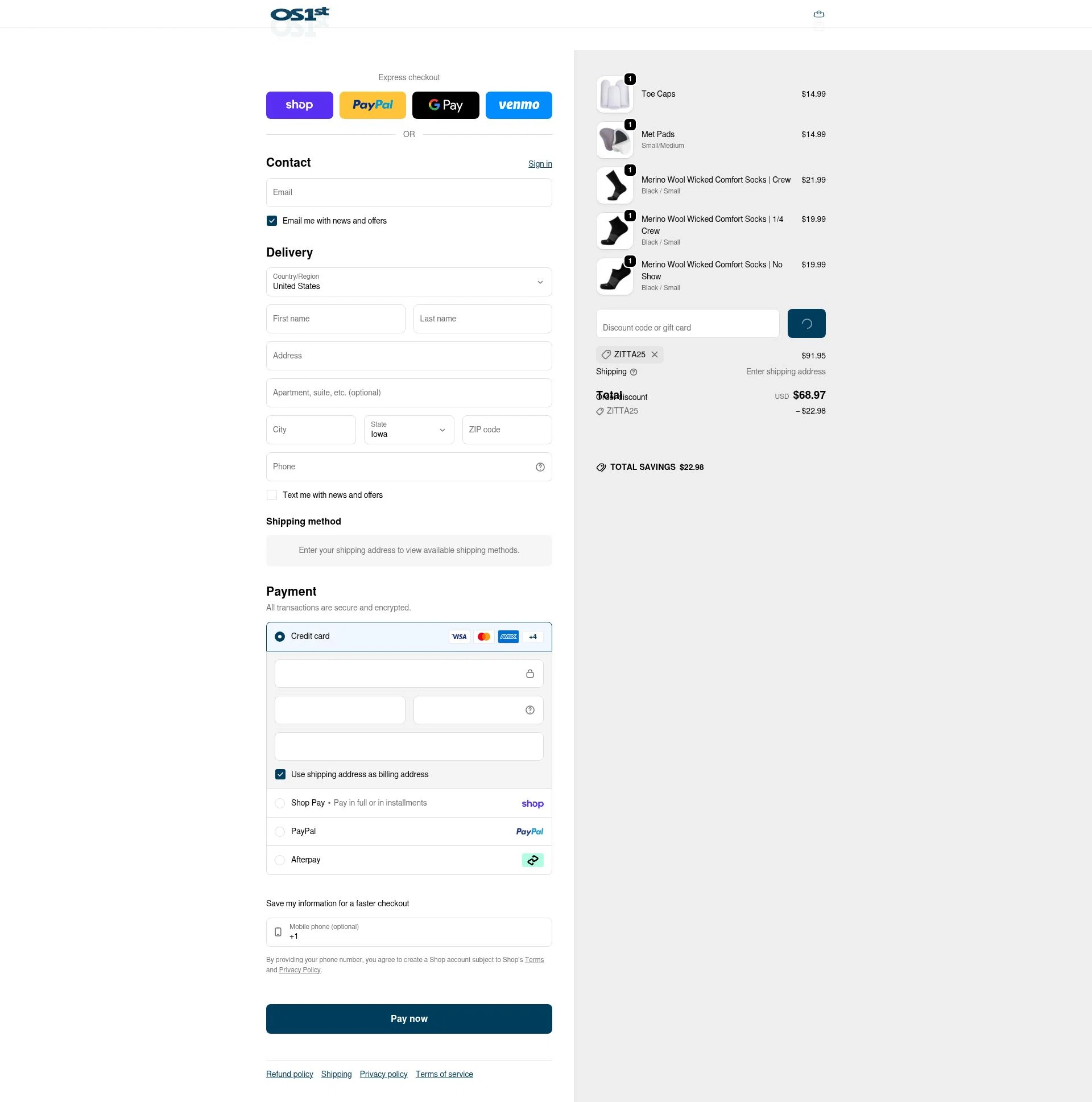 OS1st checkout page showing OS1st discount code box | Screenshot taken by SimplyCodes community member on Feb 8, 2026