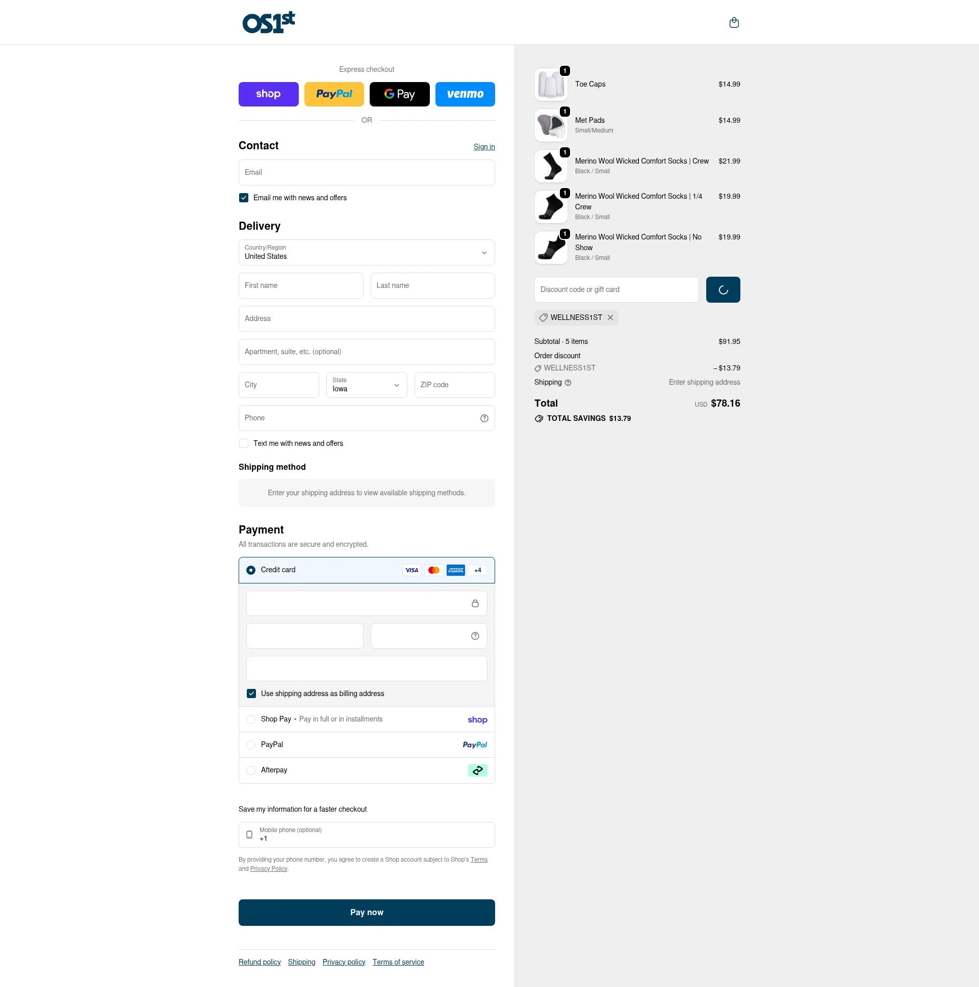 OS1st checkout page showing OS1st discount code box | Screenshot taken by SimplyCodes community member on Feb 8, 2026
