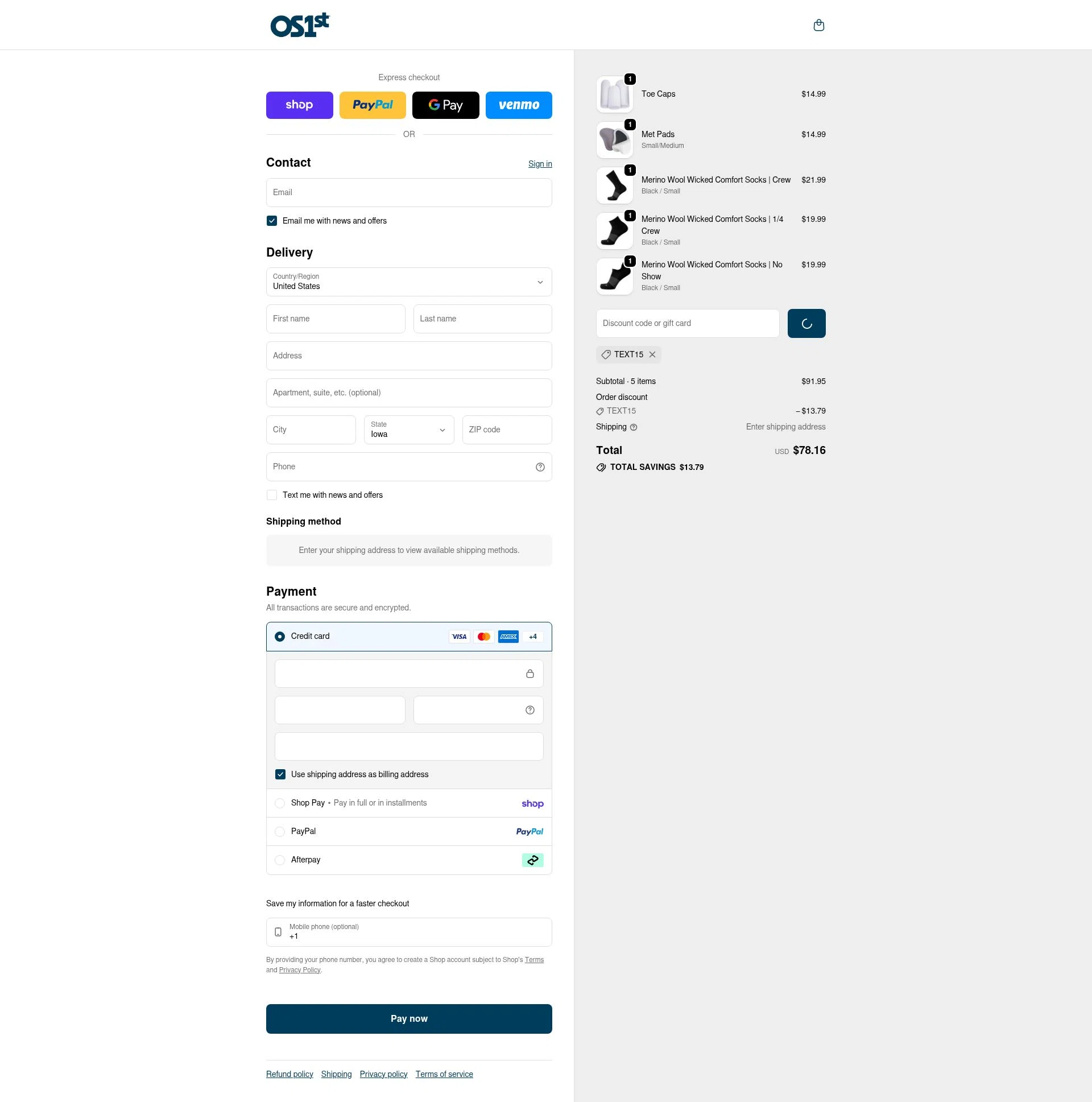 OS1st checkout page showing OS1st discount code box | Screenshot taken by SimplyCodes community member on Feb 8, 2026