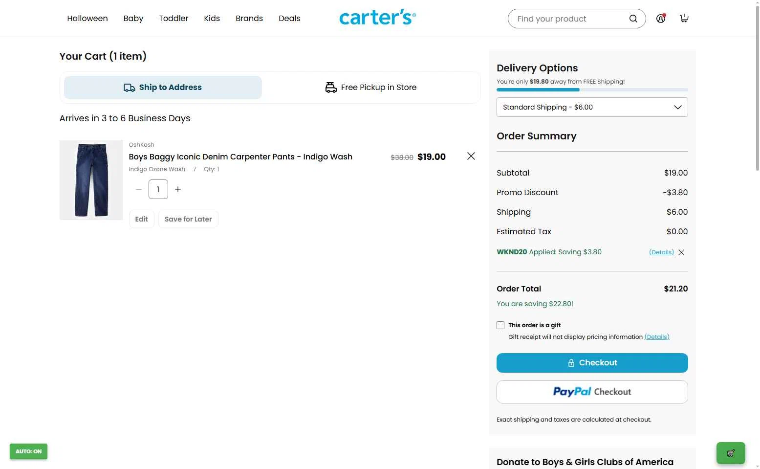 OshKosh B'gosh checkout page showing OshKosh B'gosh promo code box | Screenshot taken by SimplyCodes community member on Aug 29, 2025