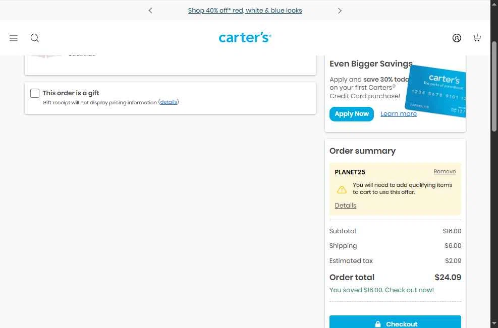OshKosh B'gosh checkout page showing OshKosh B'gosh promo code box | Screenshot taken by SimplyCodes community member on Apr 21, 2025