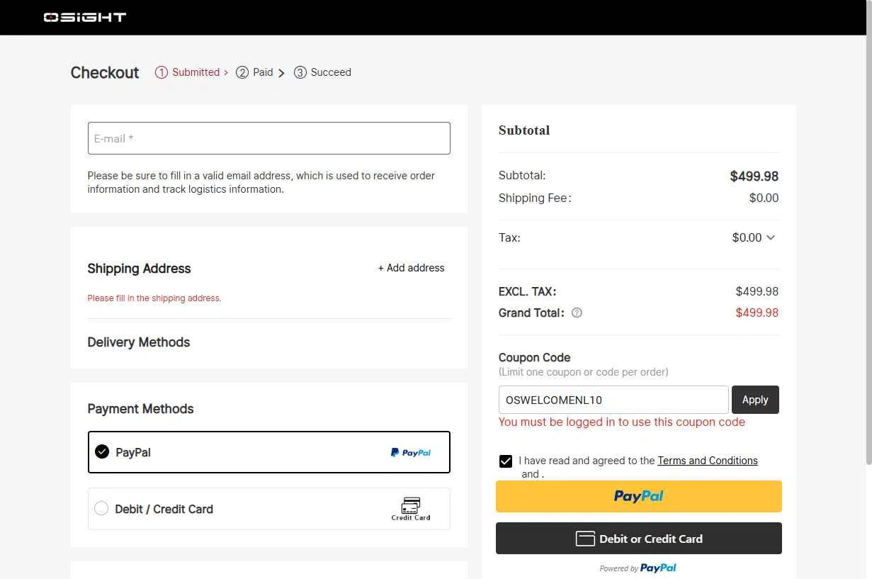 Osight checkout page showing Osight promo code box | Screenshot taken by SimplyCodes community member on Sep 27, 2025