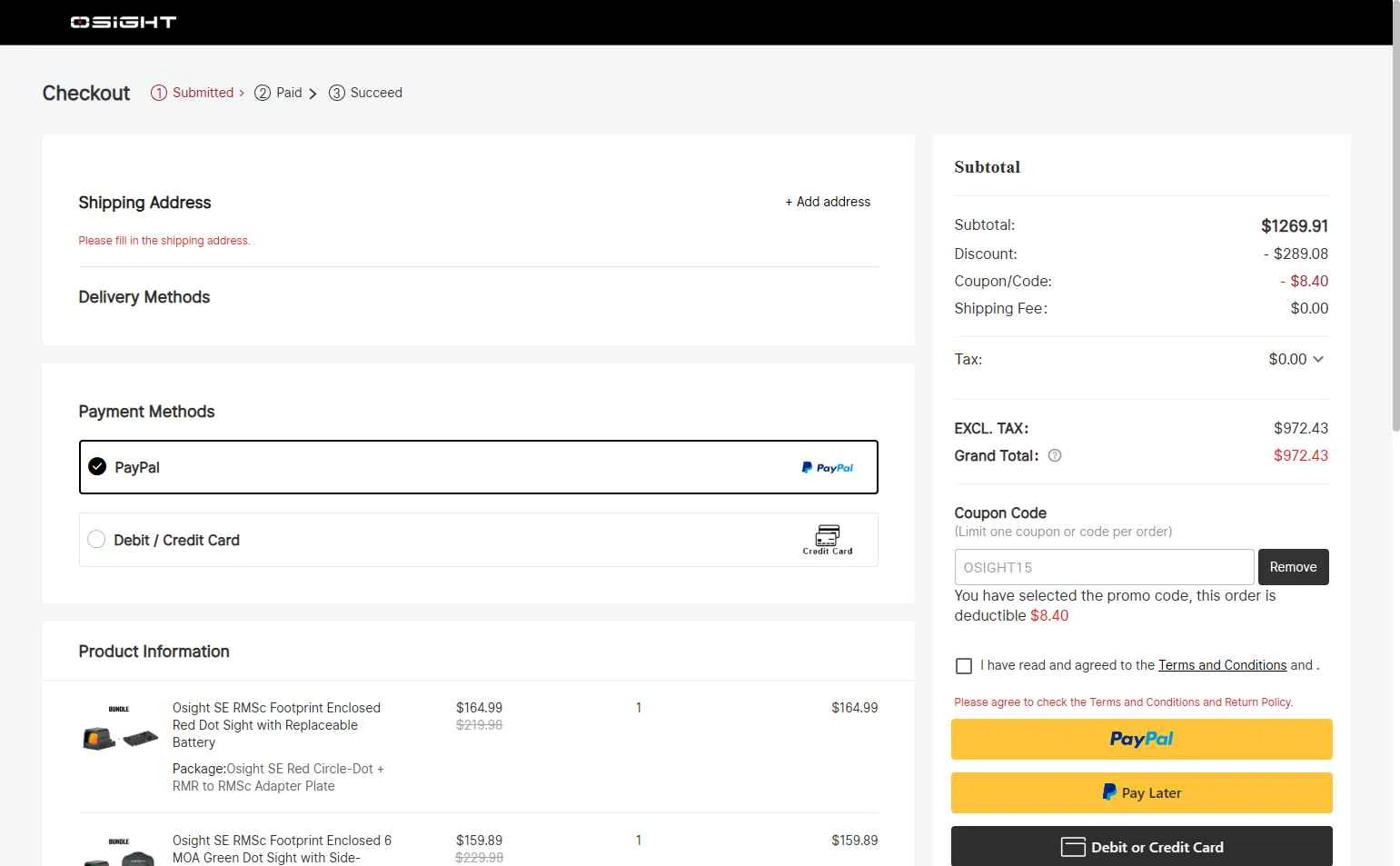 Osight checkout page showing Osight promo code box | Screenshot taken by SimplyCodes community member on Dec 2, 2025