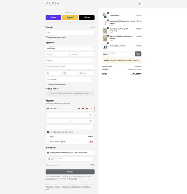 Oskia checkout page showing Oskia discount code box | Screenshot taken by SimplyCodes community member on Sep 12, 2025