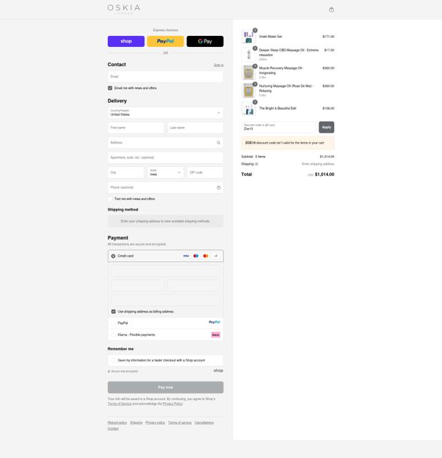 Oskia checkout page showing Oskia discount code box | Screenshot taken by SimplyCodes community member on Sep 12, 2025