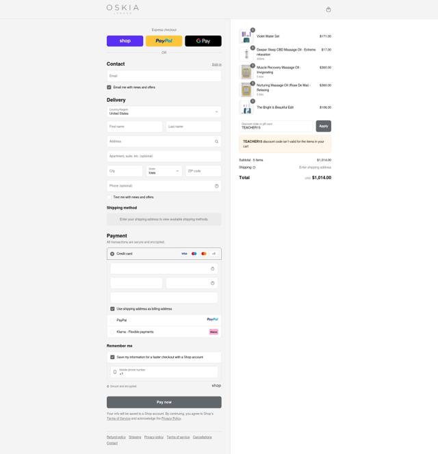 Oskia checkout page showing Oskia discount code box | Screenshot taken by SimplyCodes community member on Sep 12, 2025