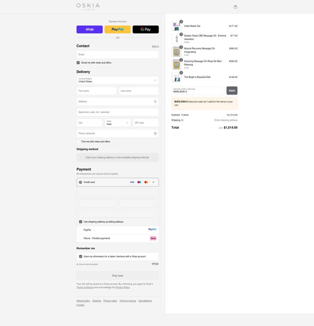 Oskia checkout page showing Oskia discount code box | Screenshot taken by SimplyCodes community member on Sep 12, 2025