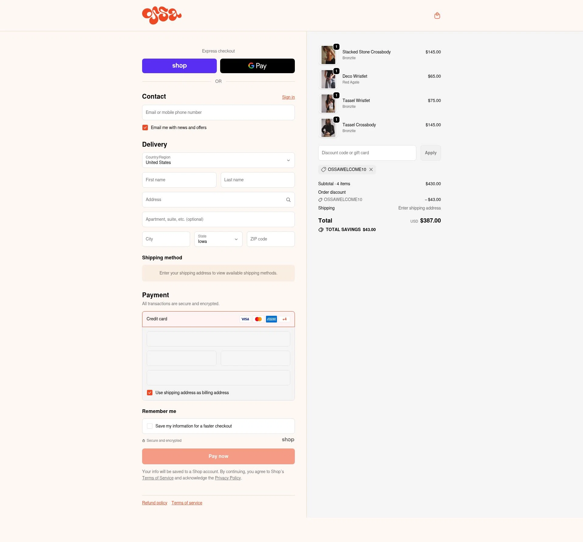 OSSA NEW YORK checkout page showing OSSA NEW YORK promo code box | Screenshot taken by SimplyCodes community member on Jan 2, 2026