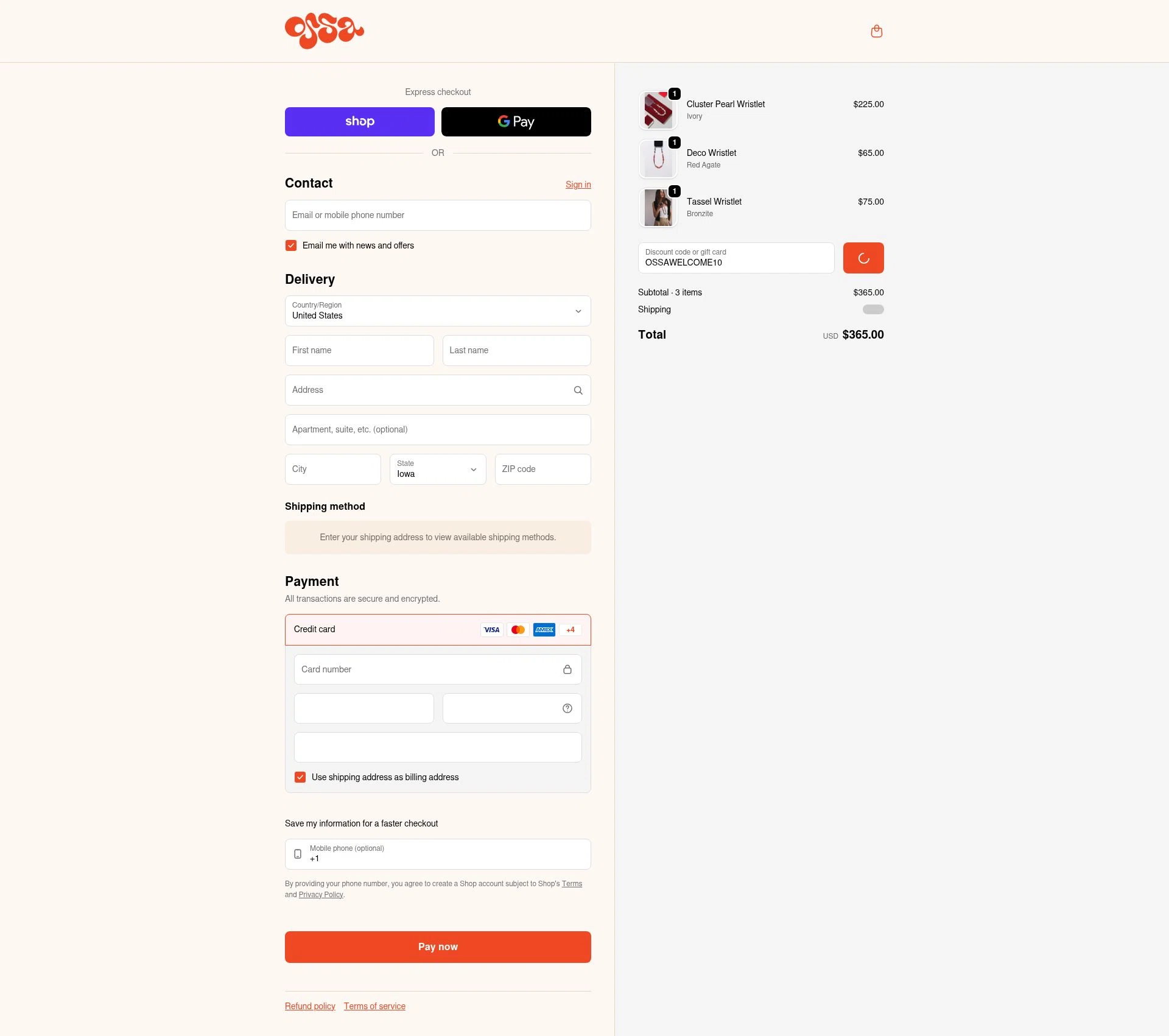 OSSA NEW YORK checkout page showing OSSA NEW YORK promo code box | Screenshot taken by SimplyCodes community member on Feb 9, 2026