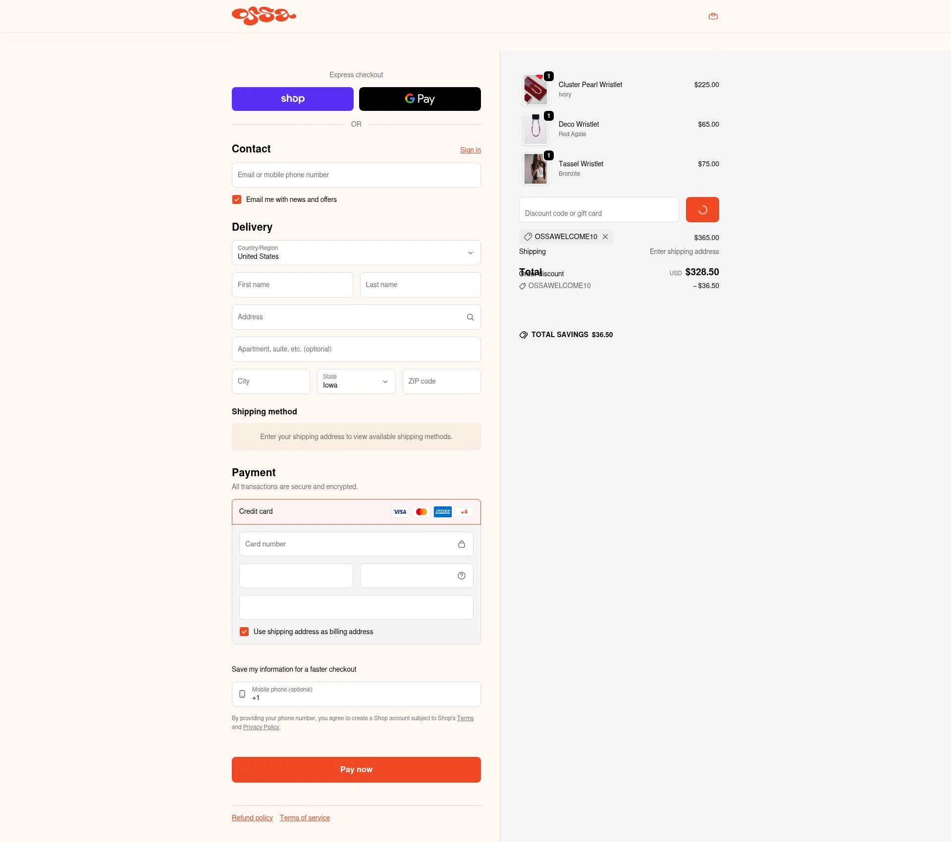 OSSA NEW YORK checkout page showing OSSA NEW YORK promo code box | Screenshot taken by SimplyCodes community member on Jan 31, 2026
