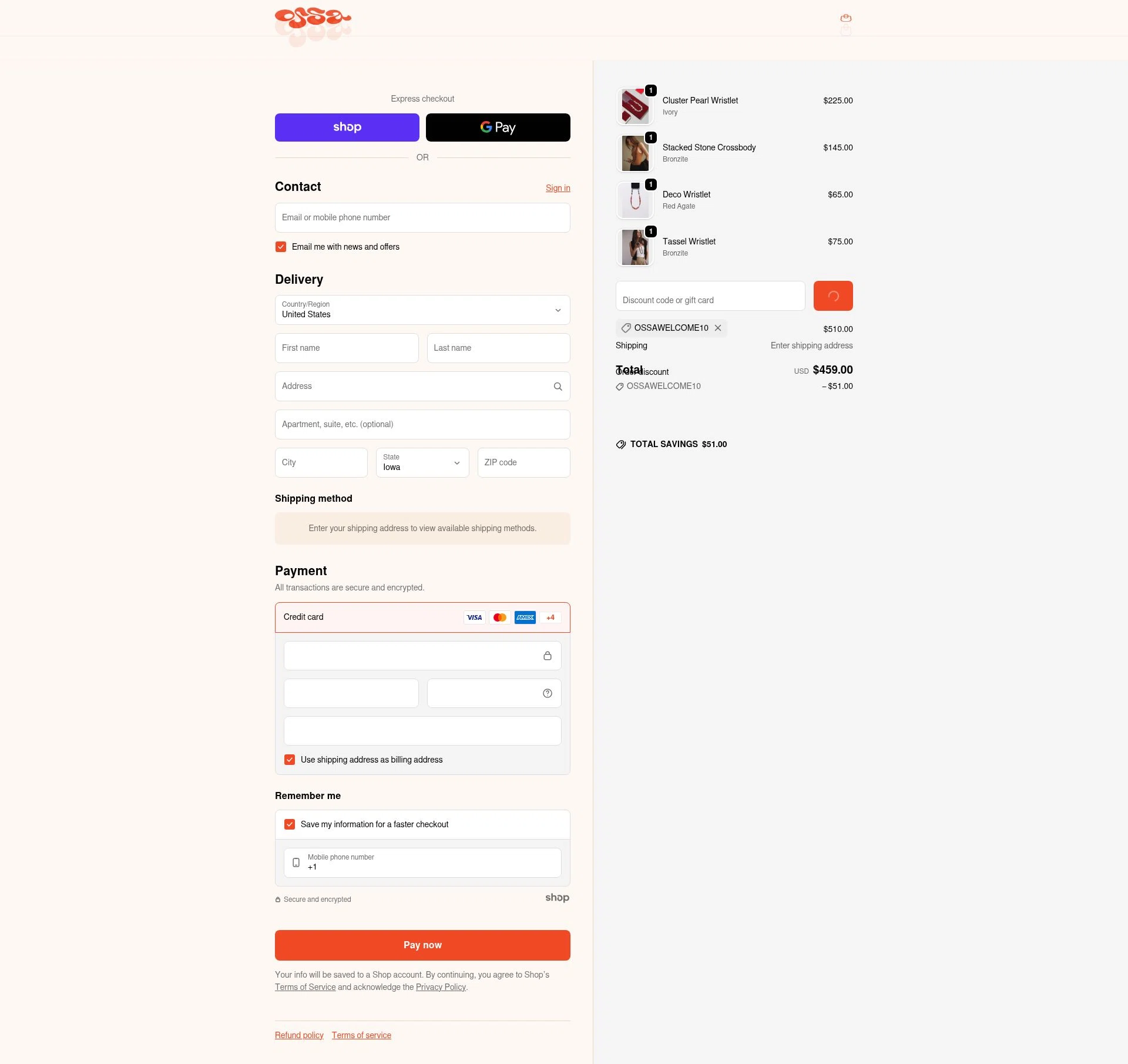 OSSA NEW YORK checkout page showing OSSA NEW YORK promo code box | Screenshot taken by SimplyCodes community member on Jan 27, 2026