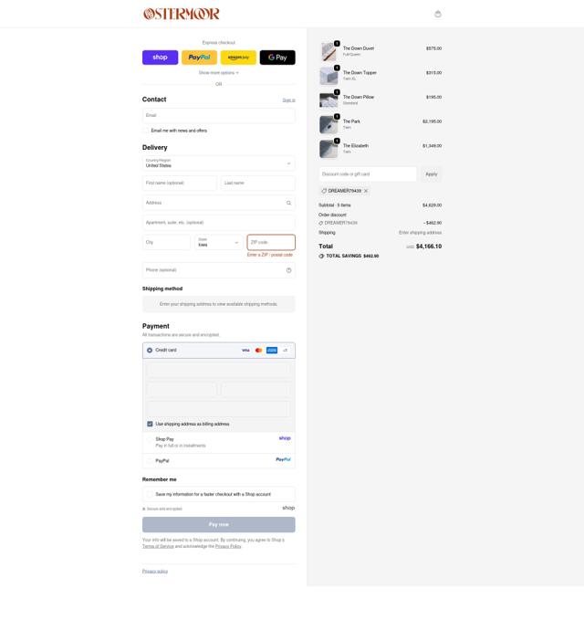Ostermoor checkout page showing Ostermoor promo code box | Screenshot taken by SimplyCodes community member on Sep 23, 2025