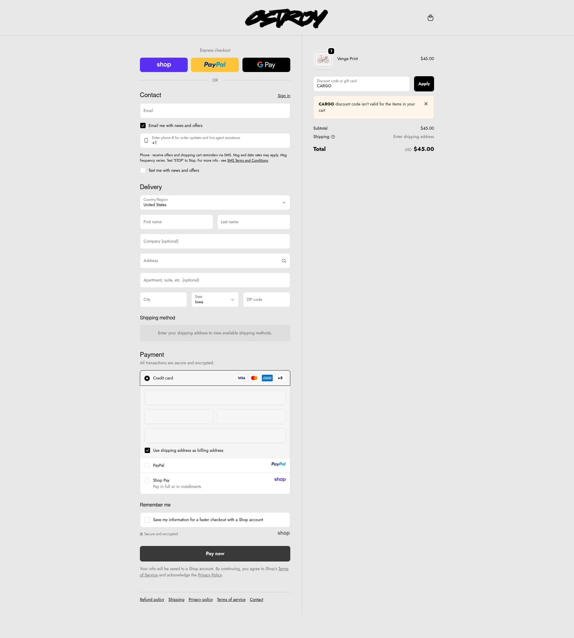 Ostroy checkout page showing Ostroy discount code box | Screenshot taken by SimplyCodes community member on Oct 24, 2025