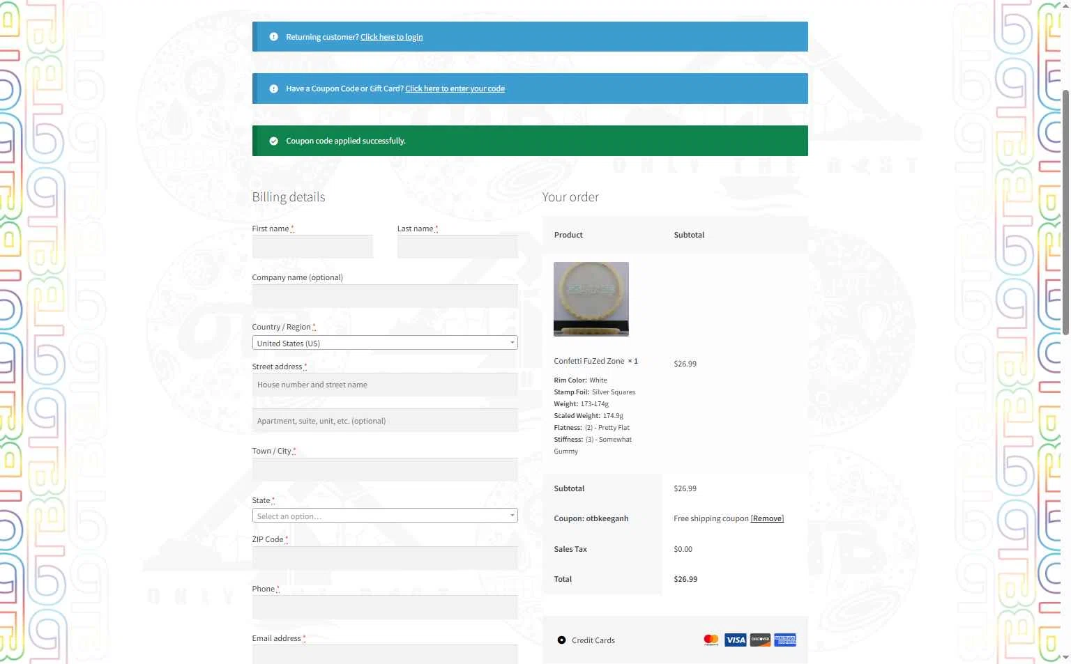 OTB Discs checkout page showing OTB Discs coupon code box | Screenshot taken by SimplyCodes community member on Jan 3, 2026