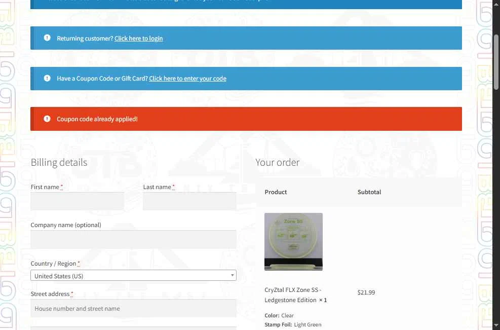 OTB Discs checkout page showing OTB Discs coupon code box | Screenshot taken by SimplyCodes community member on Dec 24, 2025