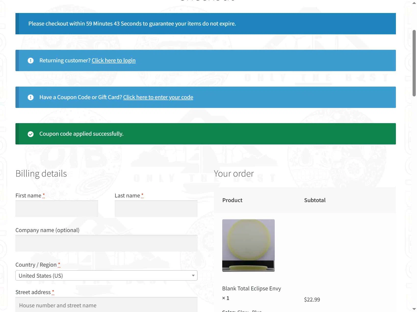 OTB Discs checkout page showing OTB Discs coupon code box | Screenshot taken by SimplyCodes community member on Nov 6, 2025