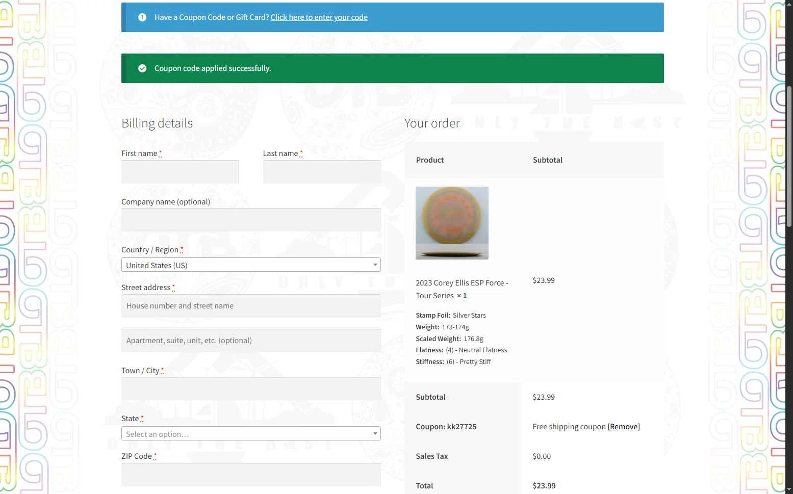 OTB Discs checkout page showing OTB Discs coupon code box | Screenshot taken by SimplyCodes community member on Dec 10, 2025