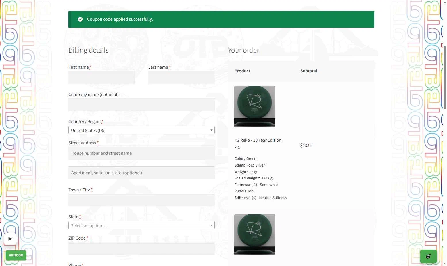 OTB Discs checkout page showing OTB Discs coupon code box | Screenshot taken by SimplyCodes community member on Feb 1, 2026