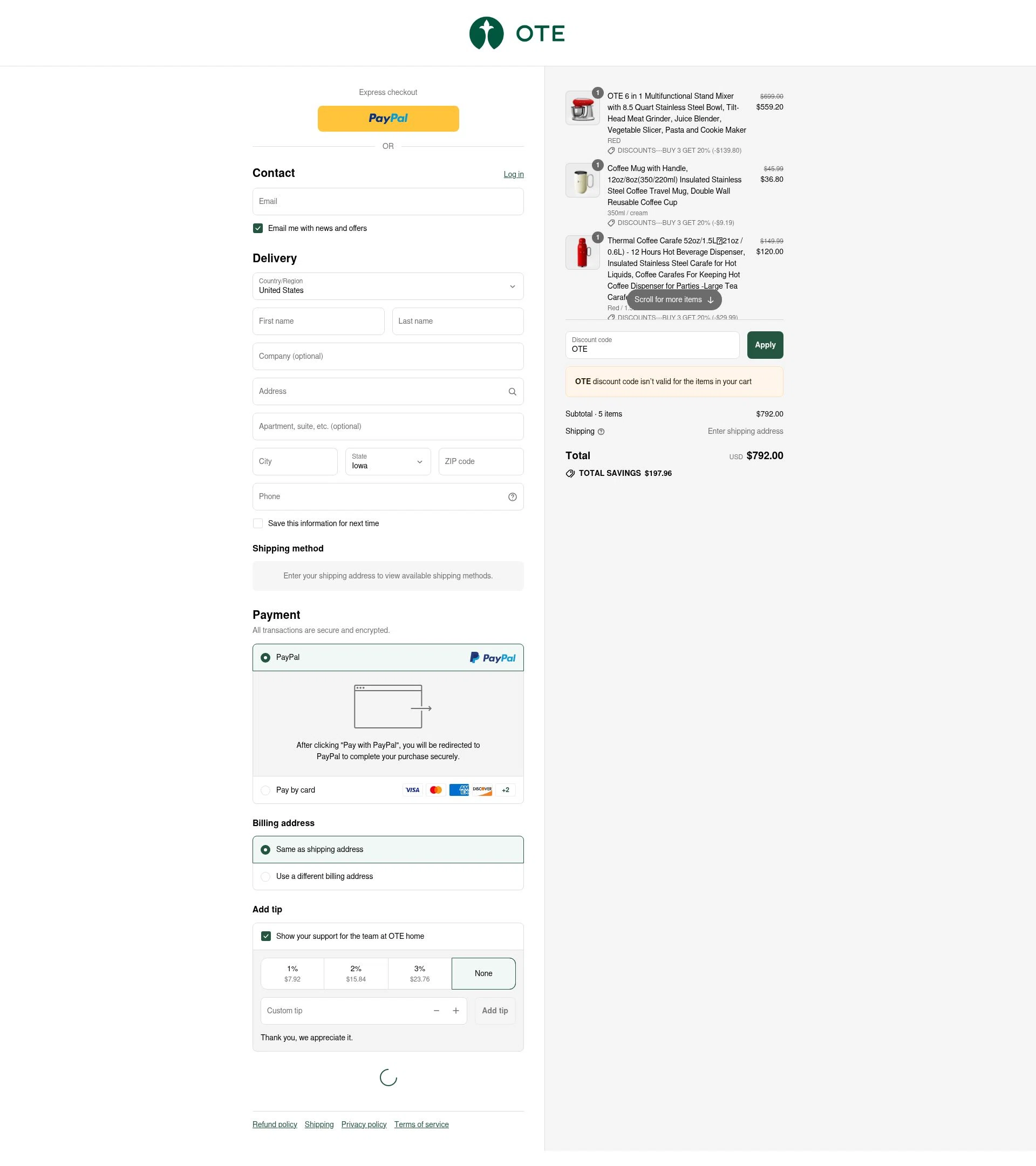 OTE home checkout page showing OTE home promo code box | Screenshot taken by SimplyCodes community member on Aug 9, 2025