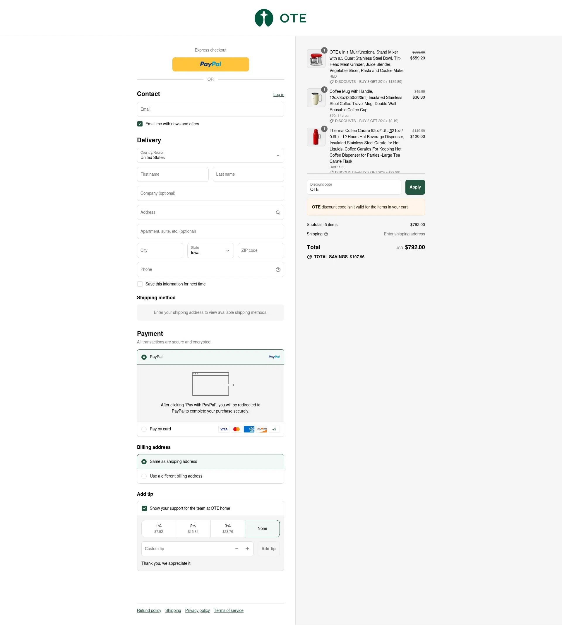 OTE home checkout page showing OTE home promo code box | Screenshot taken by SimplyCodes community member on Aug 13, 2025