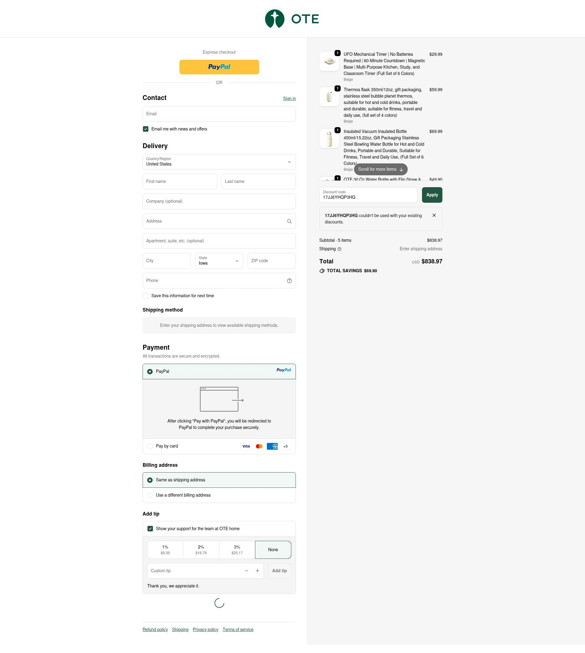 OTE home checkout page showing OTE home promo code box | Screenshot taken by SimplyCodes community member on Oct 27, 2025