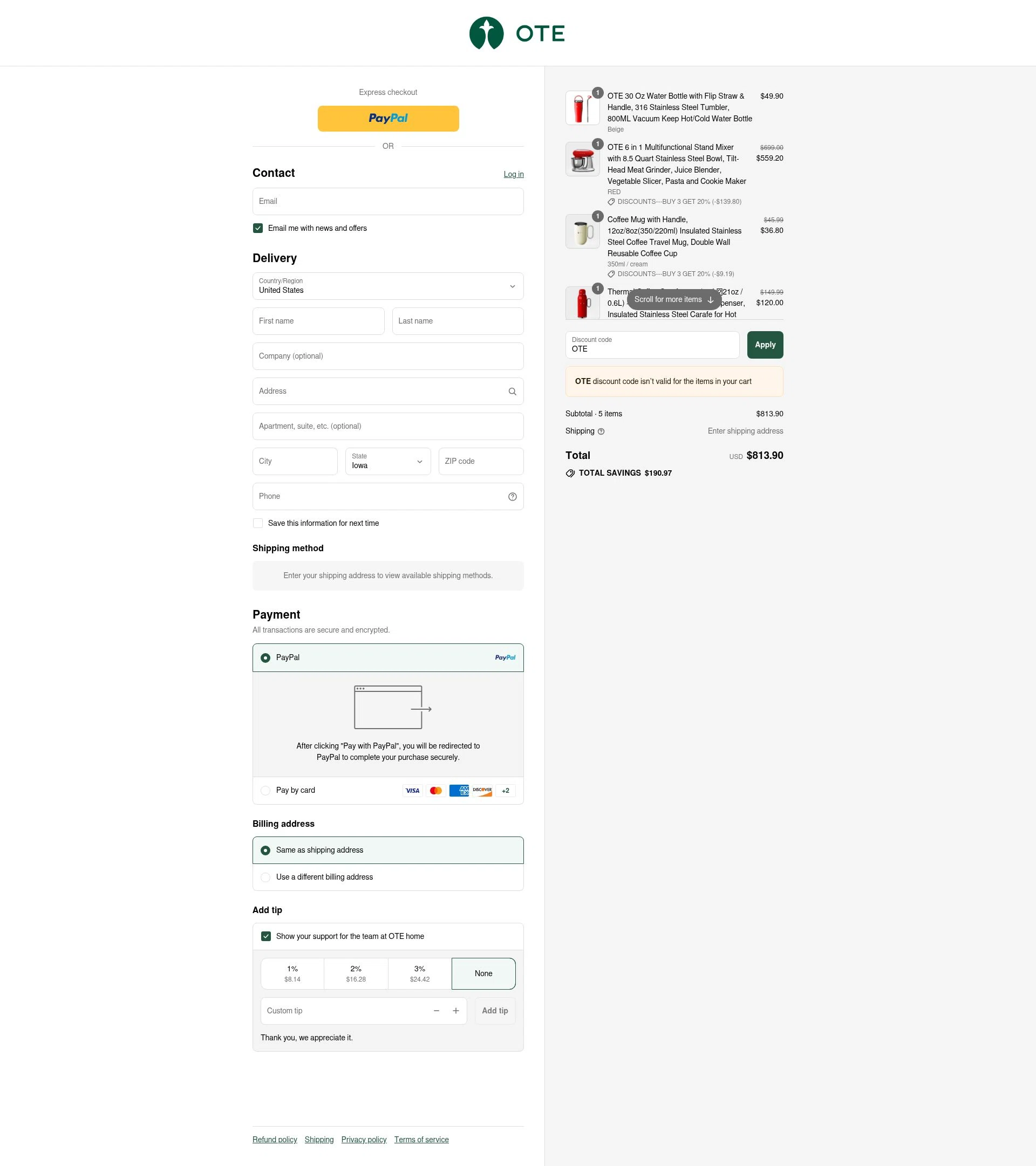 OTE home checkout page showing OTE home promo code box | Screenshot taken by SimplyCodes community member on Aug 30, 2025