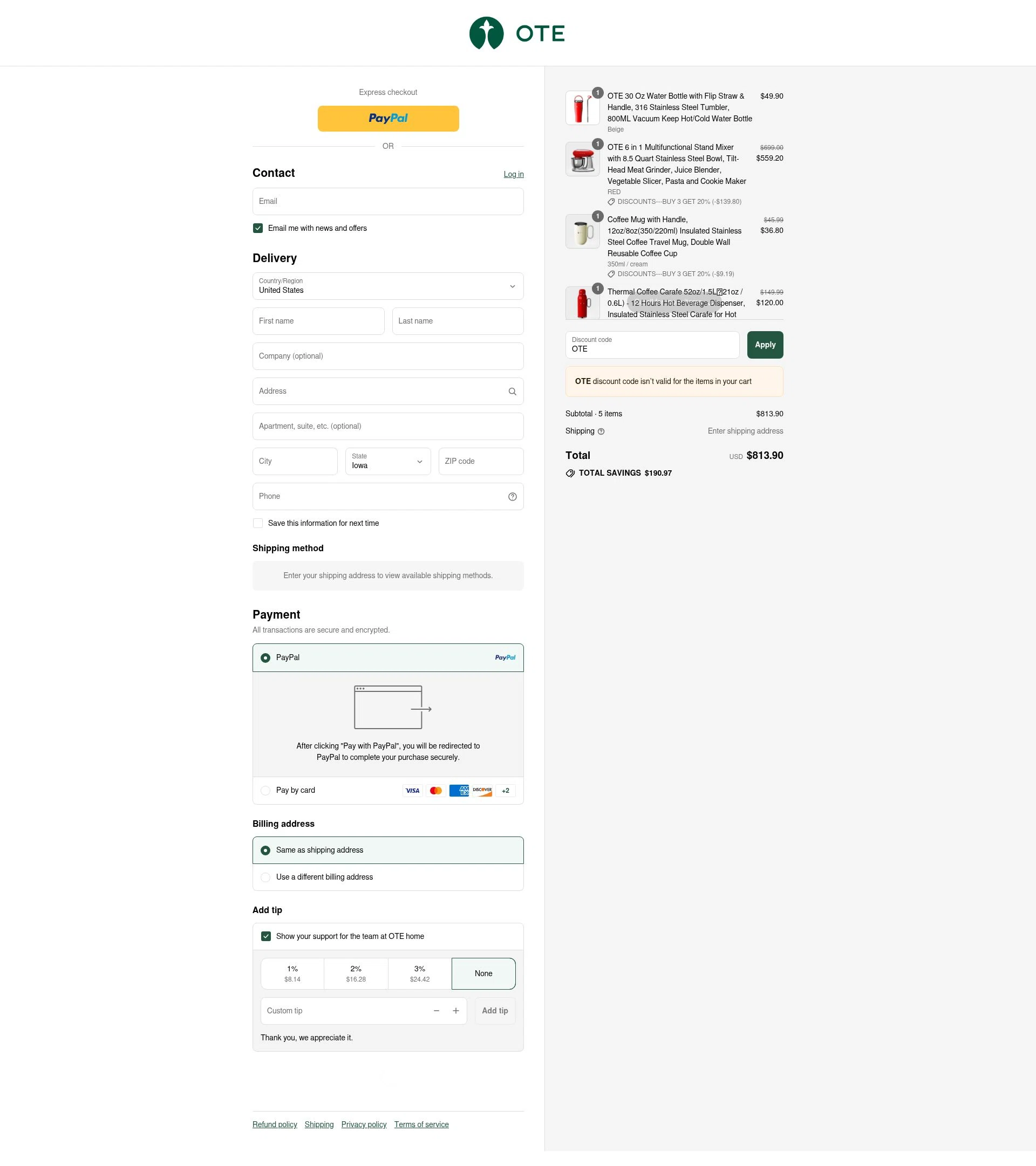 OTE home checkout page showing OTE home promo code box | Screenshot taken by SimplyCodes community member on Aug 26, 2025