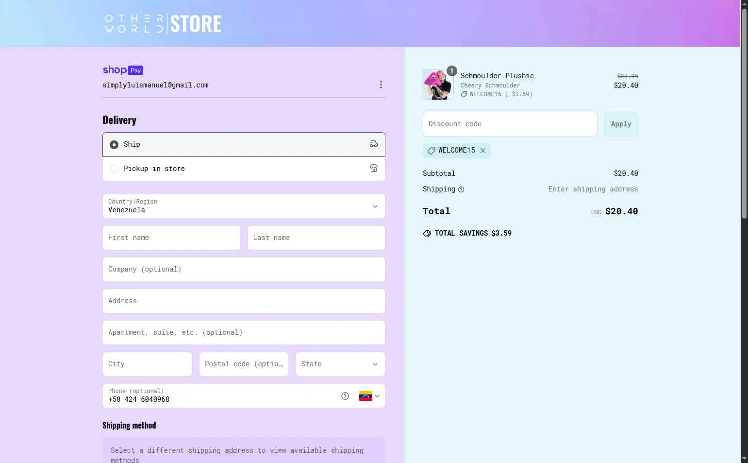 Otherworld checkout page showing Otherworld coupon code box | Screenshot taken by SimplyCodes community member on Mar 27, 2025