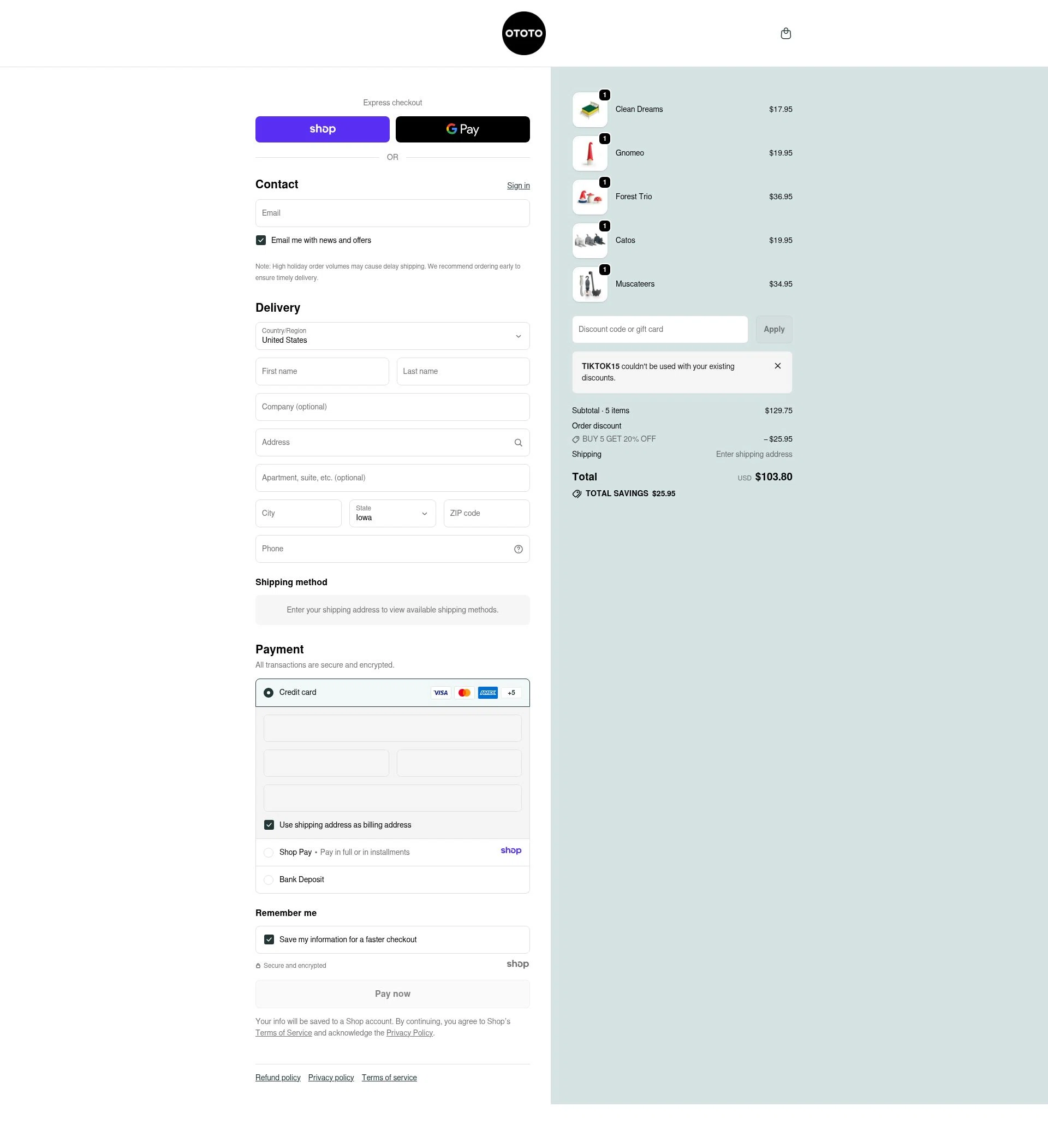 Ototo checkout page showing Ototo coupon code box | Screenshot taken by SimplyCodes community member on Dec 28, 2025