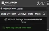 Ottawa Senators Shop coupon verification screenshot